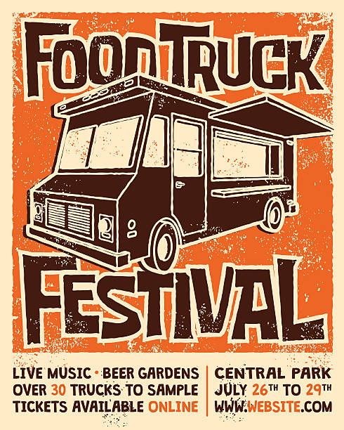 Food Truck Festival Screen Printed Poster Vector Design A bright, fun retro styled 'Food Truck Festival' poster. A screen printed grunge texture has been overlaid onto all of the shapes, giving it a handmade feel. File contains three colors: Dark brown, bright orange, and a tan colored background. Swap out the information text at the bottom to add your own event information. Download includes a CMYK vector AI10 EPS as well as a high resolution RGB JPEG, 4000 pixels in height. music festival stock illustrations