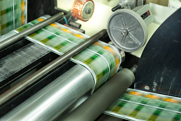 Printing labels on Label machine stock photo