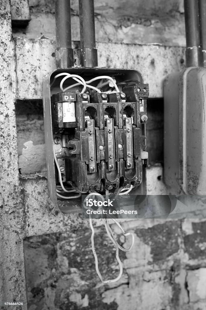 Old Electronic Switches, Fuses, and Wires black and white Old Electronic Switches, Fuses, and Wires 2015 Stock Photo