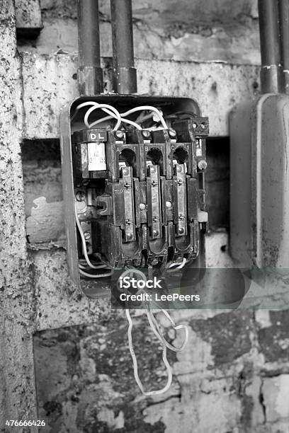 Old Electronic Switches Fuses And Wires Black And White Stock Photo - Download Image Now