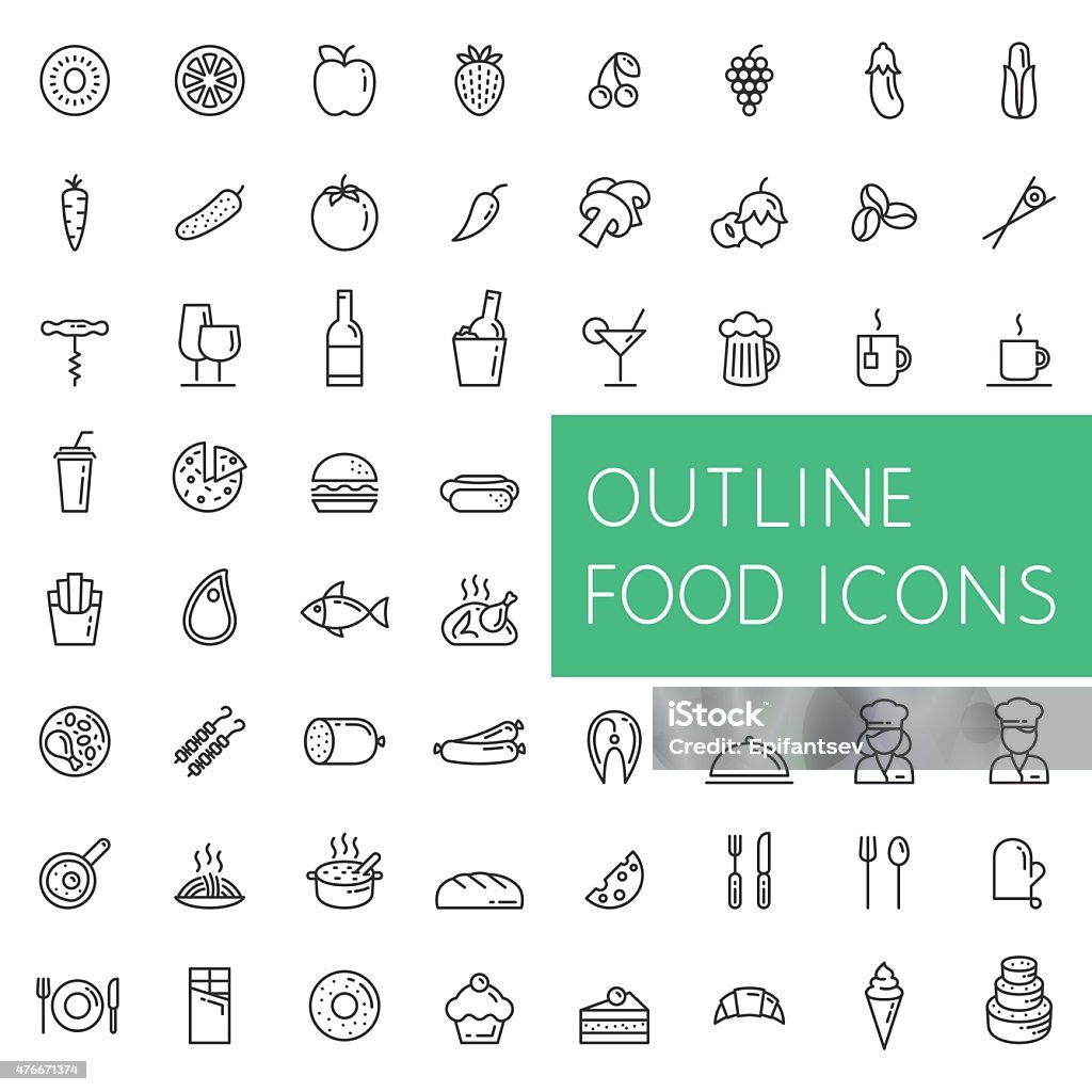 Outline food icons set for web and applications. Line icons of food, fruits and vegetables, drinks and fast food, meat and fish, confectionery and bakery, etc. Food stock vector