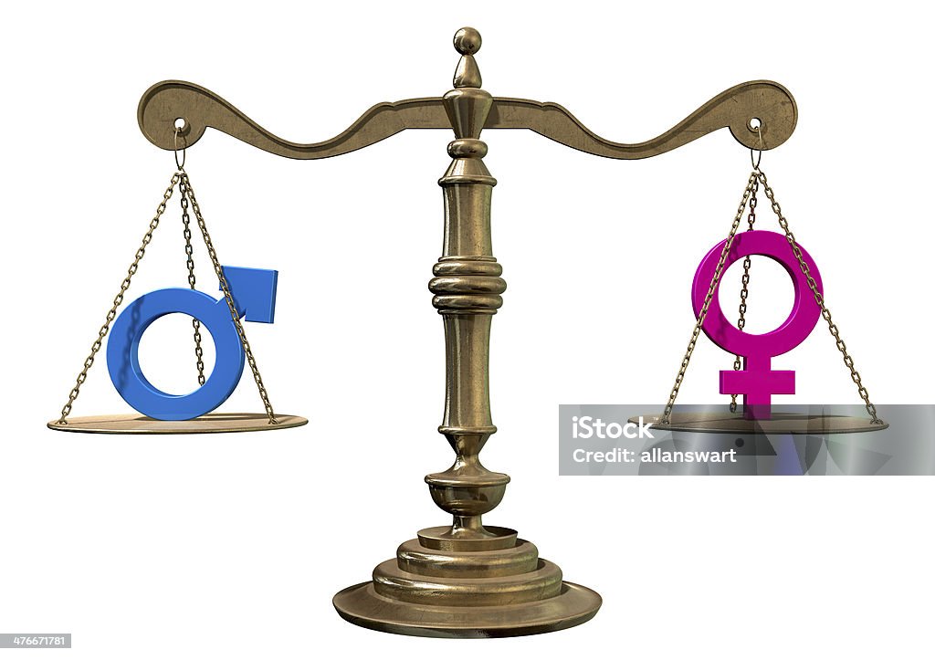 Gender Equality Balancing Scale A gold justice scale with the two different gender symbols on either side balancing each other out on an isolated white background Balance Stock Photo