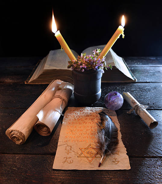 istock Halloween still life with candles and magic manuscripts 476672516
