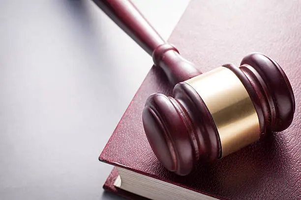 Photo of Wooden Gavel Resting on Red Leather Book