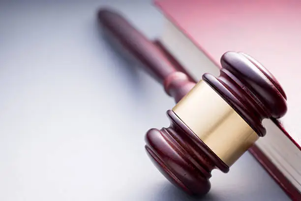 Photo of Wooden Gavel Resting on Red Leather Book