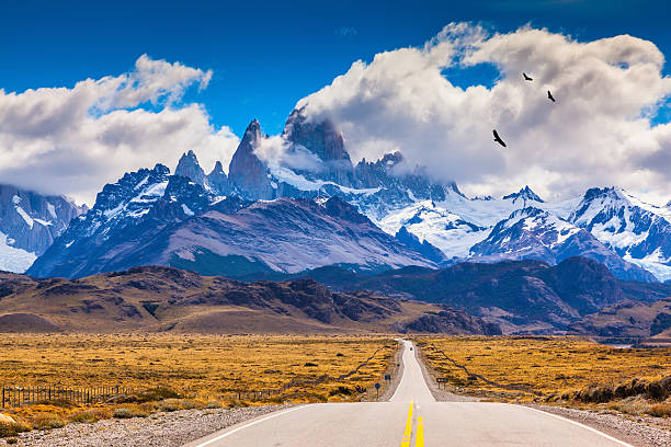 The  Andean condors The highway crosses the Patagonia and leads to snow-capped peaks of Mount Fitzroy. Over the road flying flock of Andean condors chalten photos stock pictures, royalty-free photos & images