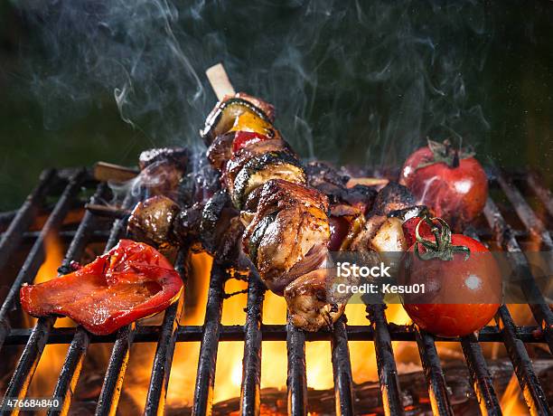 Delicious Meats On Garden Grill Stock Photo - Download Image Now - 2015, Barbecue - Meal, Barbecue Grill