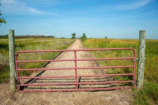Locked gate across gravel pathway.