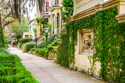 Savannah, Georgia, USA historic downtown sidewalks and townhouses.