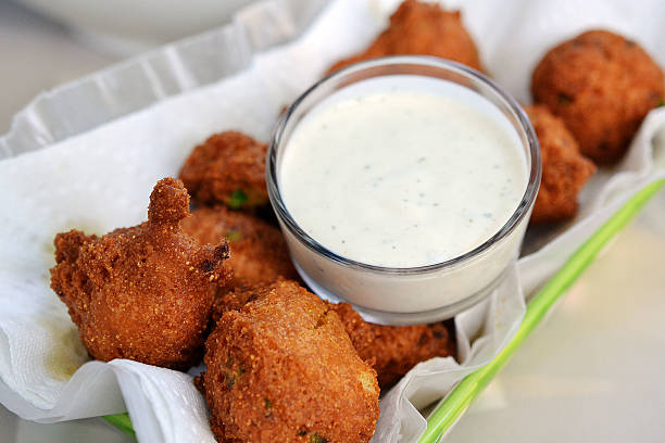 jalapeno hushpuppies served with ranch  ranch dressing stock pictures, royalty-free photos & images