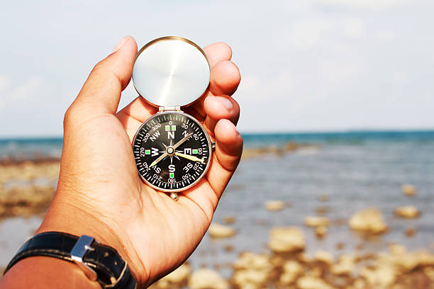 istock Man hand with a black and silver compass in a beach 476688704