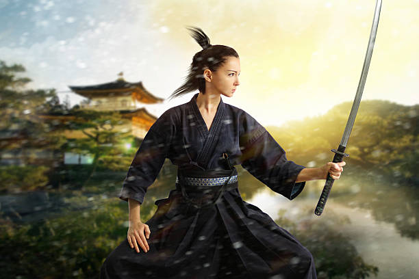 Japan samurai collage Japan woman fighting stance stock pictures, royalty-free photos & images