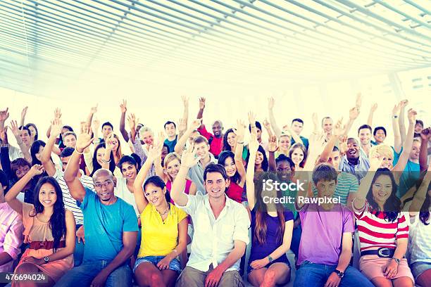 Diversity Casual Team Cheerful Community Concept Stock Photo - Download Image Now - Crowd of People, Hand Raised, Volunteer