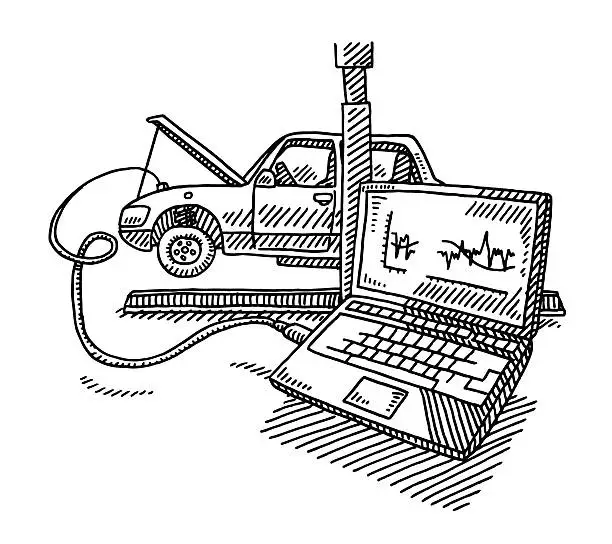 Vector illustration of Car Repair Service With Connected Computer Drawing