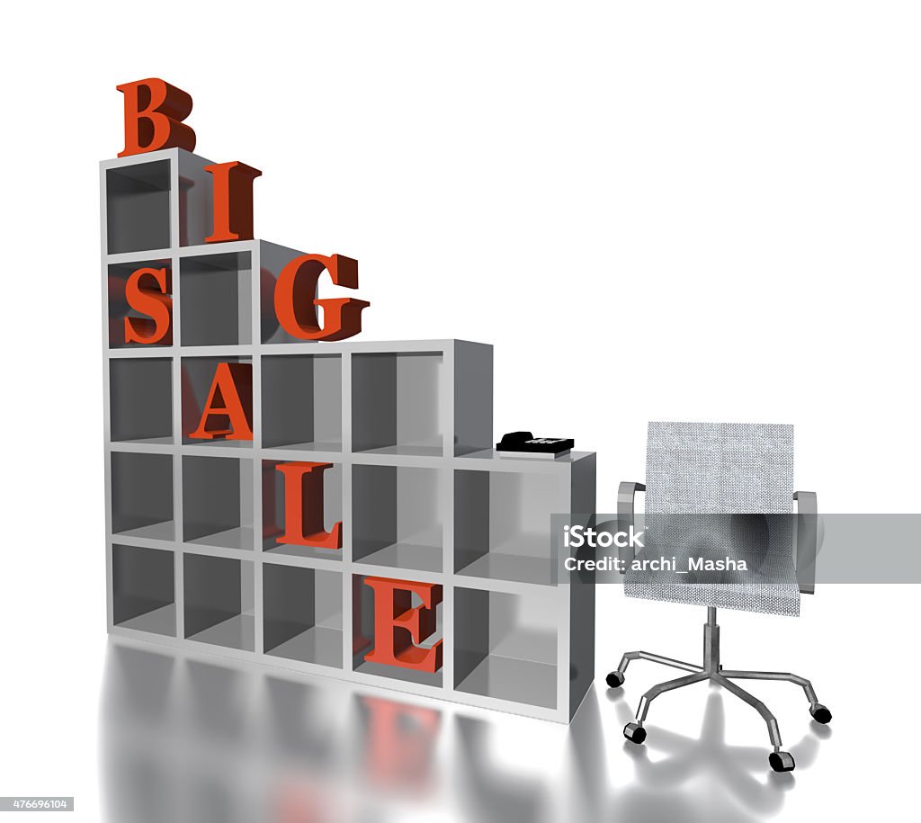 3d red text  BIG SALE 3d red text  BIG SALE with chair and rack isolated in white 2015 Stock Photo