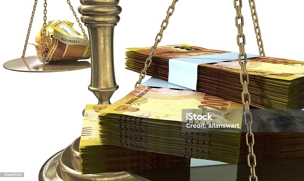 Inequality Scales Of Justice Income Gap South Africa An old school bronze justice scale with stacks of south african rands on one side and a few crumpled notes on the other representing the inequality in the income gap  an isolated white background Africa Stock Photo