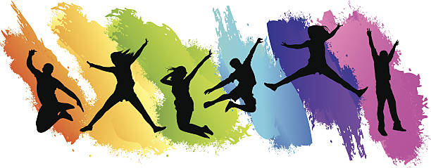 ilustraciones, imágenes clip art, dibujos animados e iconos de stock de salto de colores - healthy lifestyle jumping people happiness