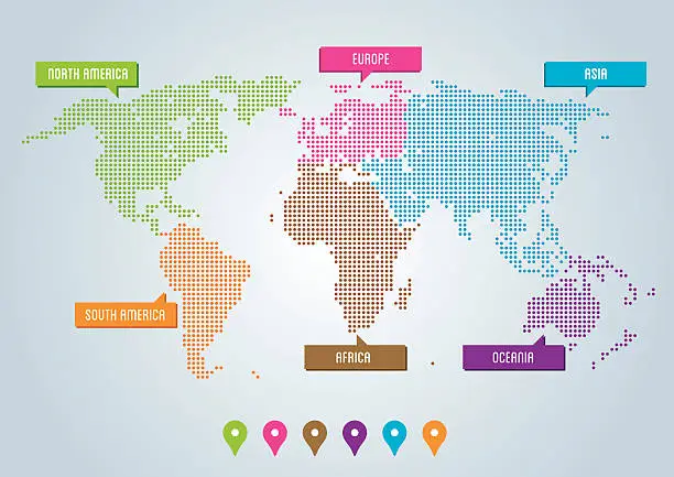 Vector illustration of Multicolored Dots World Map and Continents