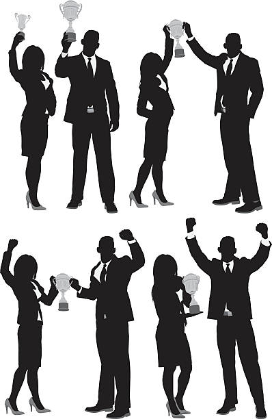 Businesspeople with trophy Businesspeople with trophyhttp://www.twodozendesign.info/i/1.png award silhouettes stock illustrations