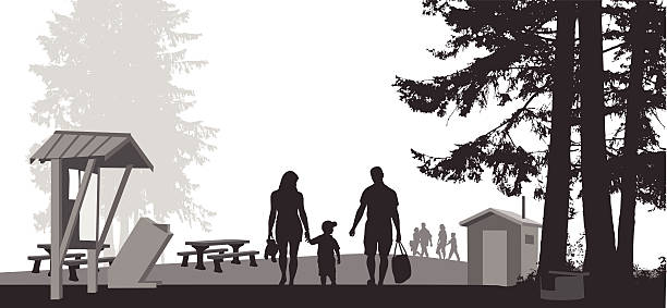 National Park A vector silhouette illustration of a young family walking through a national park. An outhouse and a fire pit are on the right side while a bulletin bord and garbage can are on the left. A young family includes a mother, father, and toddler. Outhouse stock illustrations