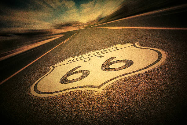 Route 66 Retro Style Route 66 road sign with vintage texture effect number 66 stock pictures, royalty-free photos & images