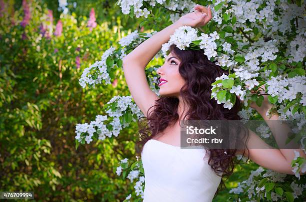 Bride On The Background Of Blooming Apple Trees Stock Photo - Download Image Now - 2015, Adult, Apple - Fruit