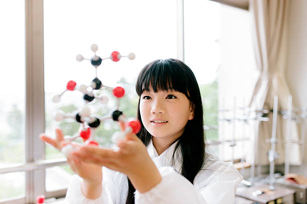 Japanese high school. Students study, science laboratory, holding molecular model A view of a Japanese high school. A young high school student holds a molecular model during a science lesson in a science laboratory. Interior shot, horizontal composition. Smiling and looking at the model.  child japanese culture japan asian ethnicity stock pictures, royalty-free photos & images