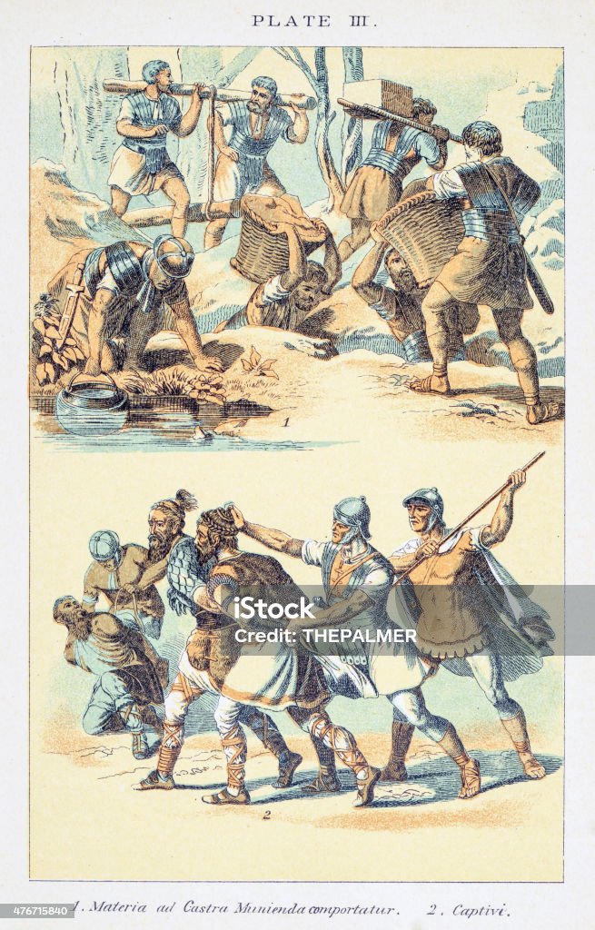 The Roman Gallic War engraving Roman Army during the conquer of Galia ( building military defensive position and soldiers with gallic prisoners)  Roman Centurion stock illustration