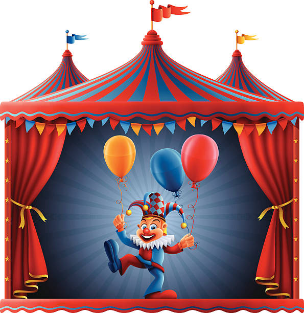 illustrazioni stock, clip art, cartoni animati e icone di tendenza di magic circus - curtain red color image clown