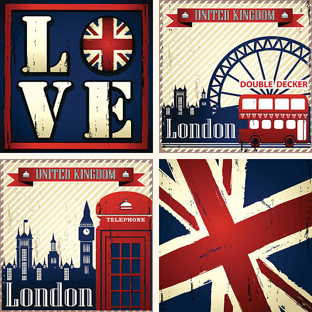 illustrations, cliparts, dessins animés et icônes de uk & london ensemble de quatre illustrations - british flag flag old fashioned retro revival