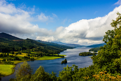 View from Queen's View at Loch Tummel in Scotland, UK, on a moderately bright, cloudy day.