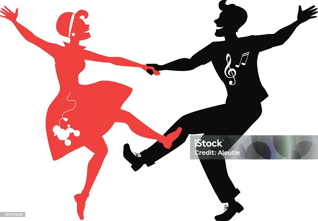 Rockabilly Rock Red and black silhouettes of a couple dressed in 1950s fashion dancing rock and roll, no white objects, EPS 8 1950-1959 stock vector