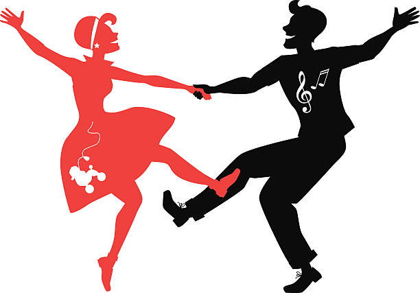 Rockabilly Rock Red and black silhouettes of a couple dressed in 1950s fashion dancing rock and roll, no white objects, EPS 8 lindy hop stock illustrations