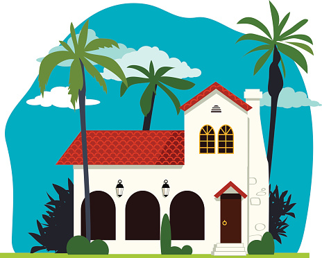 Spanish colonial or mission revival house vector illustration, no transparencies, EPS 8