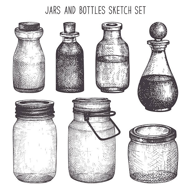 illustrazioni stock, clip art, cartoni animati e icone di tendenza di canning barattoli di vetro decorativo vintage isolato su bianco. - jar old fashioned bottle glass