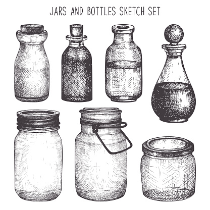 Vector collection of ink hand drawn mason jars and bottles.