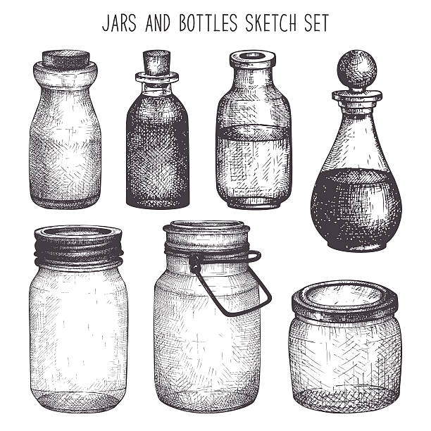Vintage decorative glass canning jars isolated on white. Vector collection of ink hand drawn mason jars and bottles. mason jar stock illustrations