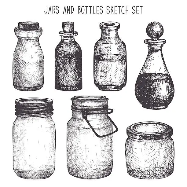 Vector illustration of Vintage decorative glass canning jars isolated on white.