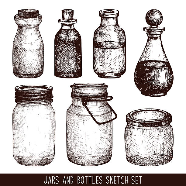 Vintage decorative glass canning jars isolated on white. Vector collection of ink hand drawn mason jars and bottles. mason jar stock illustrations