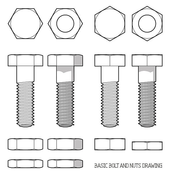 Hexagonal bolt and nuts Hexagonal bolt and nuts in orthogonal projection honeycombs clip art stock illustrations