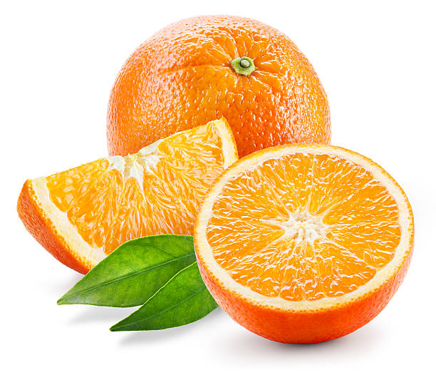 istock Orange fruit. Whole, half and slice with leaves isolated 476746568