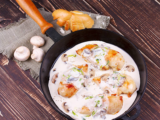 istock Frying pan with fried chicken breast, mushrooms and greens 476750150