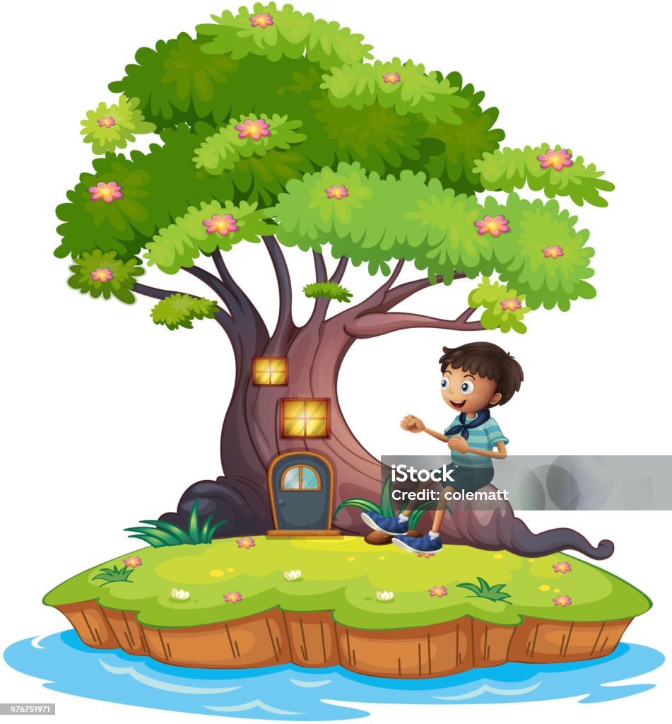 Garoto sentado sobre raízes de árvore encantado com treehouse - Vetor de Casa de Árvore royalty-free