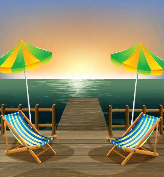 Vector illustration of Beach umbrellas and foldable chairs at bridge