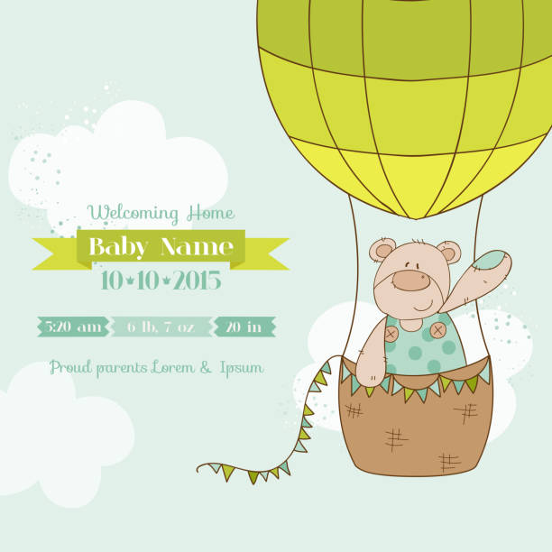 baby-dusche-karte mit teddybär - baby congratulating toy birthday stock-grafiken, -clipart, -cartoons und -symbole