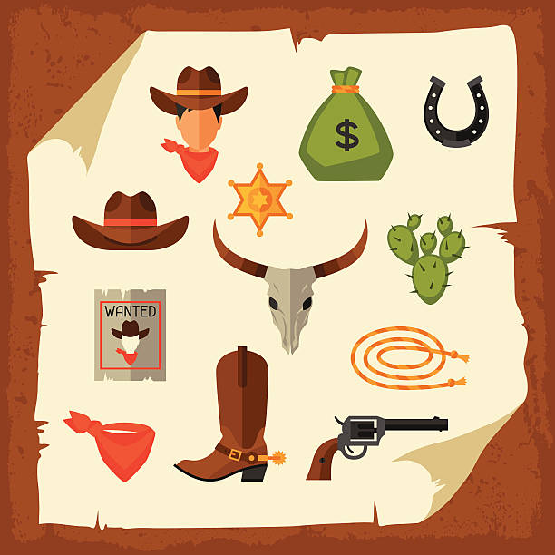 ilustraciones, imágenes clip art, dibujos animados e iconos de stock de los objetos del lejano oeste y elementos de diseño - animal skull cow animals in the wild west