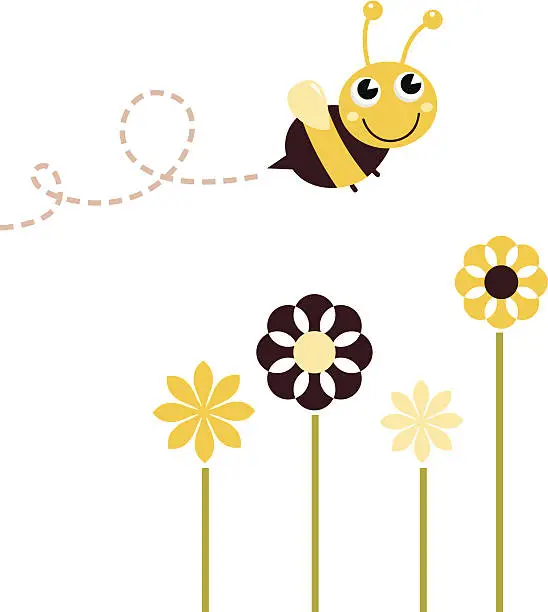 Vector illustration of Cute flying Bee with flowers isolated on white