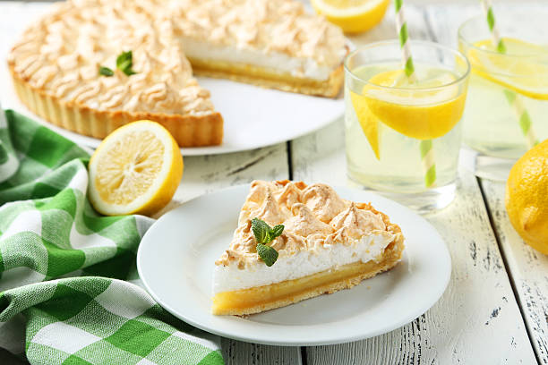 istock Lemon meringue pie on plate on white wooden background 476763646