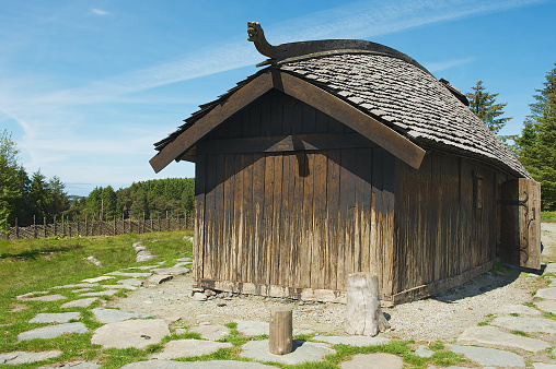 Kamroy, Norway - June 05, 2010: Exterior of the reconstructed traditional Viking house in Kamroy, Norway.