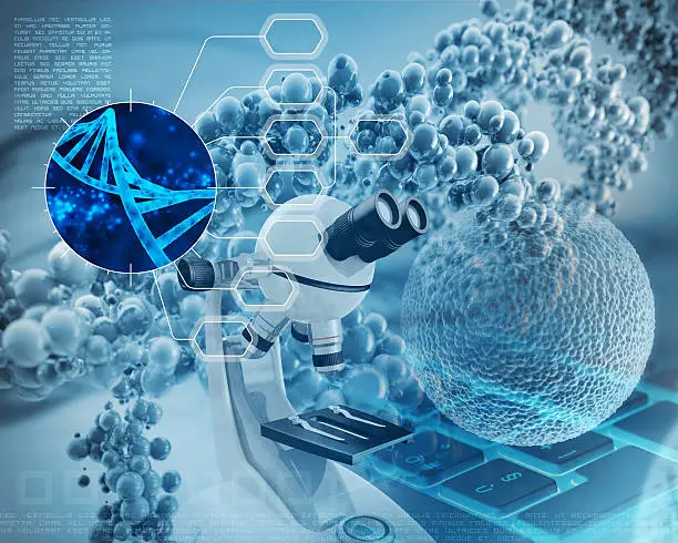 Photo of microscope, DNS helix and cell